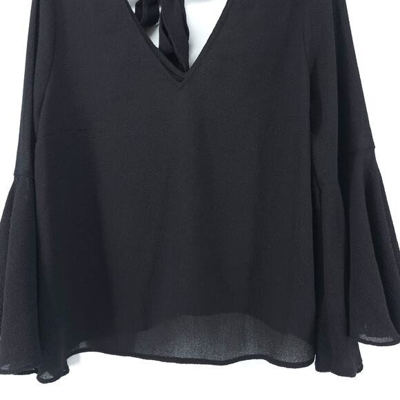 H&M Divided Whimsygoth Black Crepe Back Keyhole Tie Bell Sleeve Flowy Blouse 14 - Picture 5 of 10